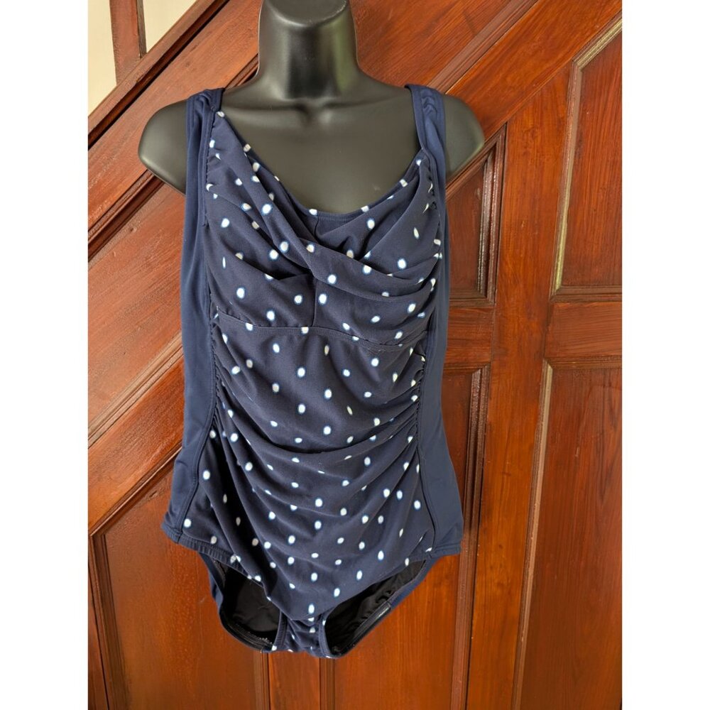 Gabar Polka Dot One-Piece Swimsuit Navy Polka Dot Ruched Front Womens Size 18